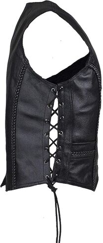 Womens Black Leather Motorcycle Vest with Braid on Front and Back Side Laces in Saudi Arabia