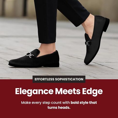 Amali Velvet Slip-On Dress Loafers for Men with Lion Head Piece, Men's Formal Smoking Tuxedo Slippers, Loafer Shoes with Metal Chain Detail in Kuwait