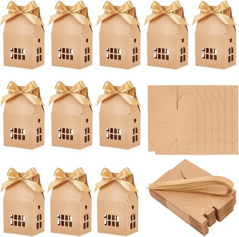 Nbeads 24 PCS House على شكل منزل ، 2.83x2.04x4.92 بوصة حلوى هدايا مع شريط البوليستر جوفاء الورق الورق الصناديق مع نوافذ صغيرة لالتفاف زفاف الحلوى ، أبيض in Kuwait