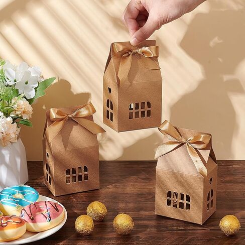 Nbeads 24 PCS House على شكل منزل ، 2.83x2.04x4.92 بوصة حلوى هدايا مع شريط البوليستر جوفاء الورق الورق الصناديق مع نوافذ صغيرة لالتفاف زفاف الحلوى ، أبيض in Kuwait