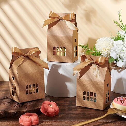 Nbeads 24 PCS House على شكل منزل ، 2.83x2.04x4.92 بوصة حلوى هدايا مع شريط البوليستر جوفاء الورق الورق الصناديق مع نوافذ صغيرة لالتفاف زفاف الحلوى ، أبيض in Kuwait