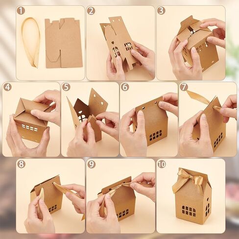 Nbeads 24 PCS House على شكل منزل ، 2.83x2.04x4.92 بوصة حلوى هدايا مع شريط البوليستر جوفاء الورق الورق الصناديق مع نوافذ صغيرة لالتفاف زفاف الحلوى ، أبيض in Kuwait