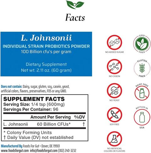Lactobacillus Johnsonii Probiotic Powder 100 مليار CFU's | لا إضافات | الجهاز الهضمي والمناعة | فاعلية عالية | L. Johnsonii | 60 غراما (2.11 أوقية) in Saudi Arabia