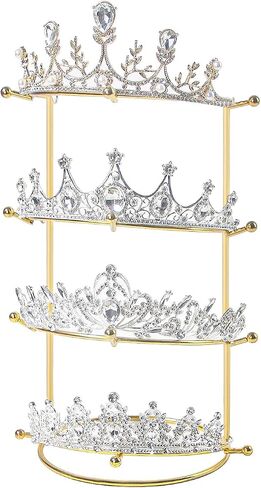 Byken 4 Tier Crown Holder,Tiara Organizer,.Golden Bridal Headdress Display Stand for Selling,Headband Ear Crown Storage Tower,Jewelry Holder for Girls Wedding Home Shop Store (Silver) in Kuwait
