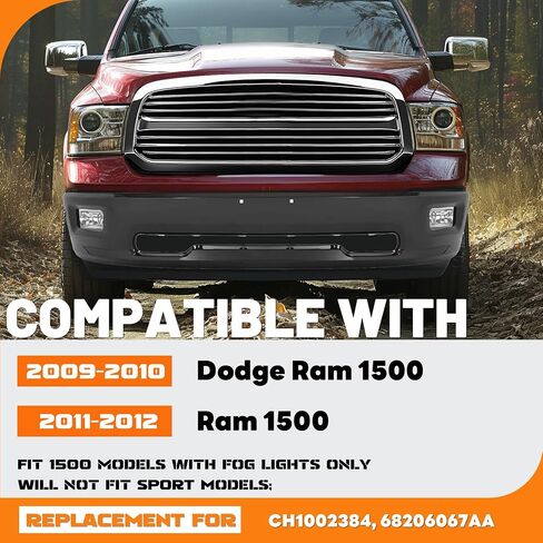 KUAFU Front Bumper Face Bar Compatible with 2009-2010 Dodge Ram 1500 2011-2012 Ram 1500 W/Fog Lights Holes Replacement for CH1002384, 68206067AA Steel Chrome&Powder Coated Black 3PCS in Saudi Arabia