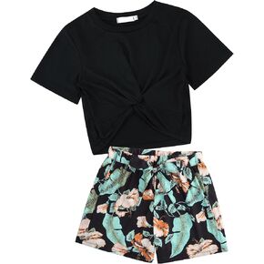 Girls Clothing Sets Short Sleeve Twist T-Shirt Top and Tie Front Shorts Set Summer 2 Piece Outfit 3-12Y in Kuwait