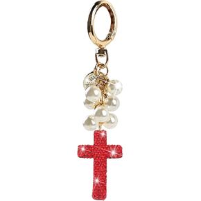 Bling Car Keychain, Pearl Crystal Rhinestones Cross Vehicle Key Chain, Automotive Keyring Accessories, Universal Fit (Pink) in Saudi Arabia