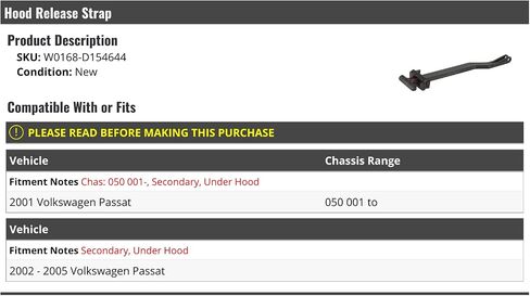 Hood Release Strap - Compatible with 2001-2005 Volkswagen Passat in Saudi Arabia