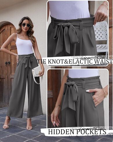 LOUSGUTA Paperbag Pants for Women Black Bow Front Wide Leg Pants High Waisted Tie Knot Trousers with Pockets in Saudi Arabia