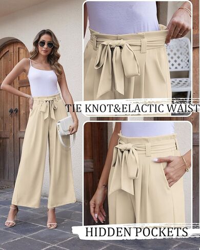 LOUSGUTA Paperbag Pants for Women Black Bow Front Wide Leg Pants High Waisted Tie Knot Trousers with Pockets in Saudi Arabia