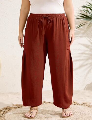 زائد سراويل الحجم للنساء بالازو حريم السراويل السراويل سراويل الصيف في الكاحل الشاطئ مع جيوب in Kuwait