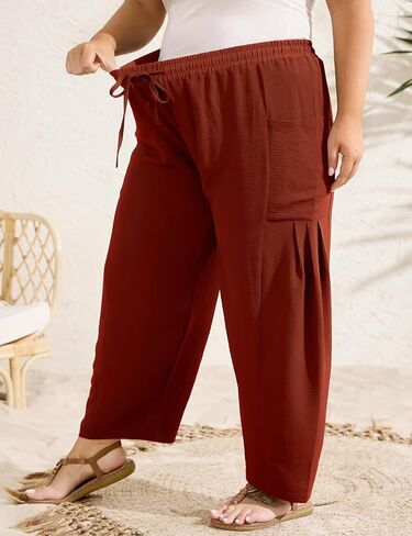 زائد سراويل الحجم للنساء بالازو حريم السراويل السراويل سراويل الصيف في الكاحل الشاطئ مع جيوب in Kuwait