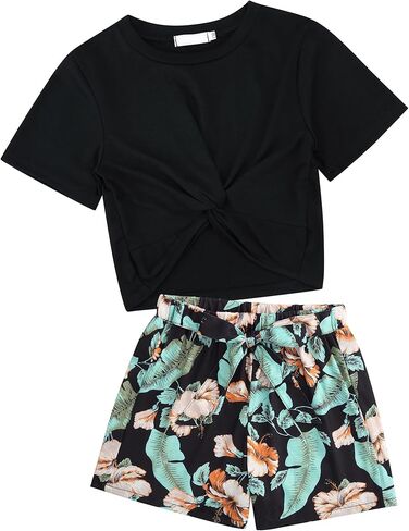 Girls Clothing Sets Short Sleeve Twist T-Shirt Top and Tie Front Shorts Set Summer 2 Piece Outfit 3-12Y in Kuwait