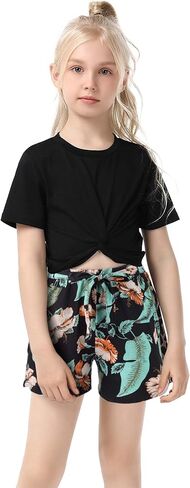 Girls Clothing Sets Short Sleeve Twist T-Shirt Top and Tie Front Shorts Set Summer 2 Piece Outfit 3-12Y in Kuwait