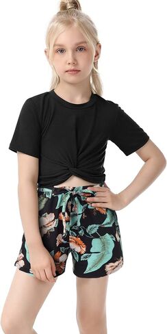 Girls Clothing Sets Short Sleeve Twist T-Shirt Top and Tie Front Shorts Set Summer 2 Piece Outfit 3-12Y in Kuwait