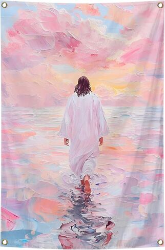 Jesus Walking on Water Christian Wall Art Poster Tapestry 2x3Ft Pink Tapestry Christian Religious Wall Decor for Living Room Bedroom Church Decoration in Saudi Arabia