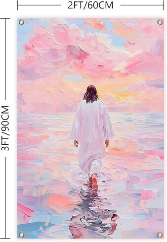 Jesus Walking on Water Christian Wall Art Poster Tapestry 2x3Ft Pink Tapestry Christian Religious Wall Decor for Living Room Bedroom Church Decoration in Saudi Arabia