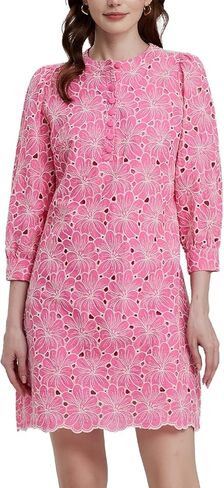 D-Sun Women's Floral Jacquard Dress Crewneck 3/4 Sleeve Shift Mini Dress Button Button Down Selegant Business Short Dresses in Saudi Arabia