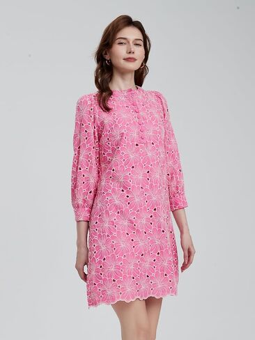 D-Sun Women's Floral Jacquard Dress Crewneck 3/4 Sleeve Shift Mini Dress Button Button Down Selegant Business Short Dresses in Saudi Arabia