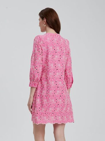 D-Sun Women's Floral Jacquard Dress Crewneck 3/4 Sleeve Shift Mini Dress Button Button Down Selegant Business Short Dresses in Saudi Arabia