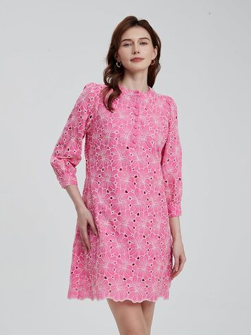 D-Sun Women's Floral Jacquard Dress Crewneck 3/4 Sleeve Shift Mini Dress Button Button Down Selegant Business Short Dresses in Saudi Arabia