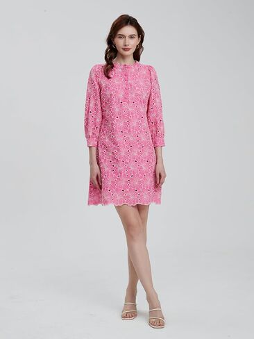 D-Sun Women's Floral Jacquard Dress Crewneck 3/4 Sleeve Shift Mini Dress Button Button Down Selegant Business Short Dresses in Saudi Arabia