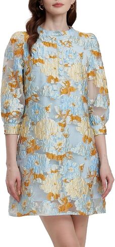 D-Sun Women's Floral Jacquard Dress Crewneck 3/4 Sleeve Shift Mini Dress Button Button Down Selegant Business Short Dresses in Kuwait