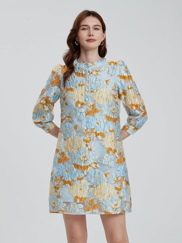 D-Sun Women's Floral Jacquard Dress Crewneck 3/4 Sleeve Shift Mini Dress Button Button Down Selegant Business Short Dresses in Kuwait