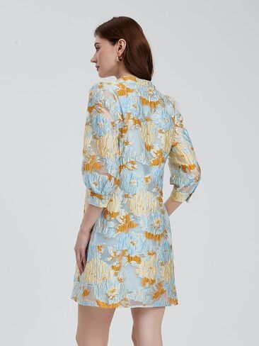 D-Sun Women's Floral Jacquard Dress Crewneck 3/4 Sleeve Shift Mini Dress Button Button Down Selegant Business Short Dresses in Kuwait