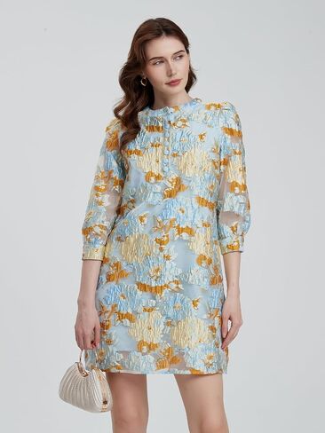 D-Sun Women's Floral Jacquard Dress Crewneck 3/4 Sleeve Shift Mini Dress Button Button Down Selegant Business Short Dresses in Kuwait