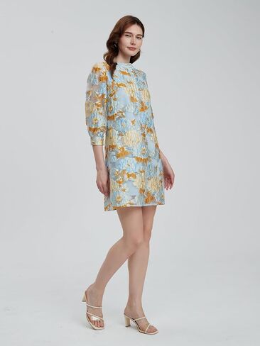 D-Sun Women's Floral Jacquard Dress Crewneck 3/4 Sleeve Shift Mini Dress Button Button Down Selegant Business Short Dresses in Kuwait