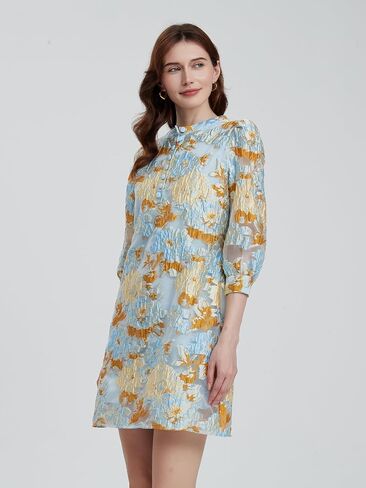 D-Sun Women's Floral Jacquard Dress Crewneck 3/4 Sleeve Shift Mini Dress Button Button Down Selegant Business Short Dresses in Kuwait