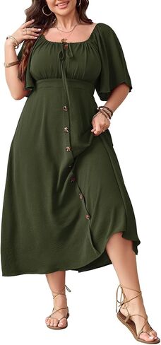 Plus Size Summer Dress Short Sleeve Square Neck Tie Front Smocked Button Down Flowy A-line Boho Maxi Long Dresses in Saudi Arabia