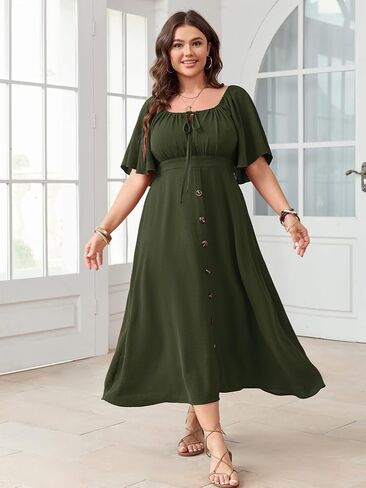 Plus Size Summer Dress Short Sleeve Square Neck Tie Front Smocked Button Down Flowy A-line Boho Maxi Long Dresses in Saudi Arabia