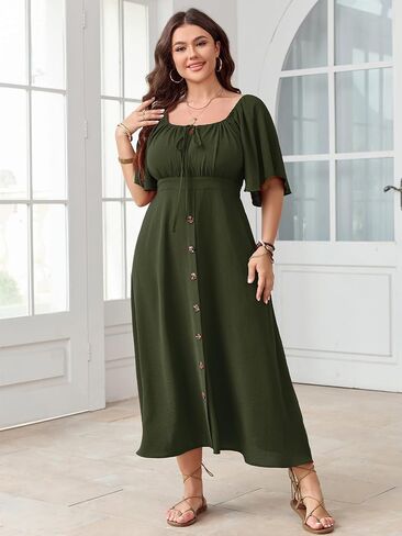 Plus Size Summer Dress Short Sleeve Square Neck Tie Front Smocked Button Down Flowy A-line Boho Maxi Long Dresses in Saudi Arabia