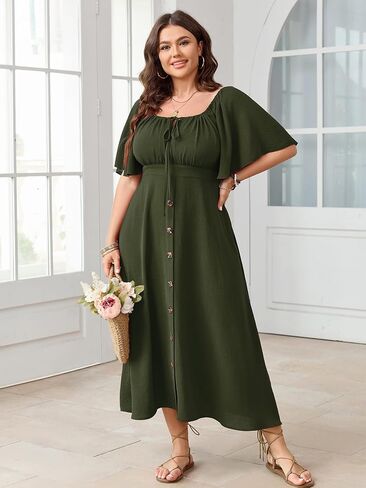Plus Size Summer Dress Short Sleeve Square Neck Tie Front Smocked Button Down Flowy A-line Boho Maxi Long Dresses in Saudi Arabia