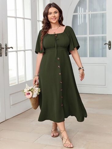 Plus Size Summer Dress Short Sleeve Square Neck Tie Front Smocked Button Down Flowy A-line Boho Maxi Long Dresses in Saudi Arabia