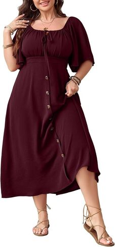 Plus Size Summer Dress Short Sleeve Square Neck Tie Front Smocked Button Down Flowy A-line Boho Maxi Long Dresses in Saudi Arabia