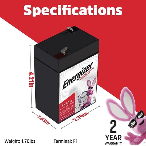 Energizer EN4.5-6 ، 6 فولت 4.5 أمبير HR ، بطارية AGM الحمض الطويلة التي تدوم طويلًا مثاليًا للاستخدام في ركوب الأطفال ، وإضاءة الطوارئ ، وطاقة النسخ الاحتياطي ، والمزيد in Saudi Arabia