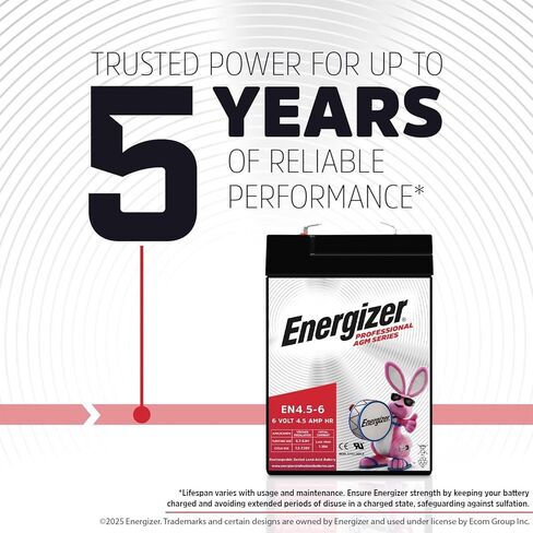 Energizer EN4.5-6 ، 6 فولت 4.5 أمبير HR ، بطارية AGM الحمض الطويلة التي تدوم طويلًا مثاليًا للاستخدام في ركوب الأطفال ، وإضاءة الطوارئ ، وطاقة النسخ الاحتياطي ، والمزيد in Saudi Arabia