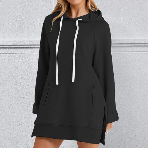 The Warmy Oversized Hoodie Dress, Warmy Hoodie Women's Casual Pullover Split Hem Drawstring Long Sweatshirt with Pocket in Saudi Arabia