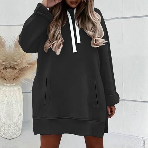 The Warmy Oversized Hoodie Dress, Warmy Hoodie Women's Casual Pullover Split Hem Drawstring Long Sweatshirt with Pocket in Saudi Arabia