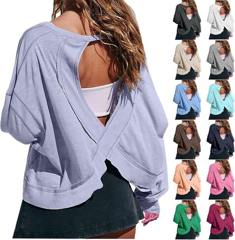 Workout Tops for Women Open Back Long Sleeve Shirts Trendy Yoga Gym Athletic Crop Tops Tshirts Fall Fashion 2025 in Kuwait