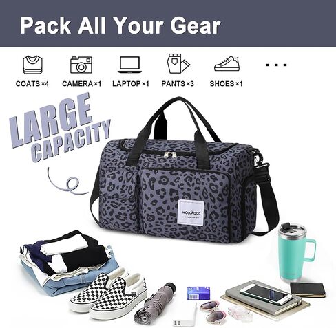 WOOMADA Foldable Travel Duffel Bag with Shoes Compartment, Overnight Bag with Wet Pocket, Weekender Carry On with cosmetic bag for Women(black leopard) in Kuwait
