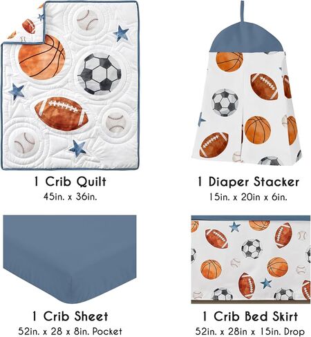 Sweet Jojo Designs American Football MVP Boy Baby Crib Bedding Set Infant Nursery Room Blanket Fitted Sheet Skirt Diaper Stacker 4pc Green Blue Red Vintage Helmet Field Goal Sports Themed Grey Stars in Saudi Arabia