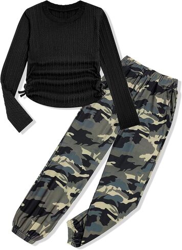 أطقم ملابس الفتيات تي شيرت بأكمام طويلة ورباط مضلع ومكشكش ورقبة دائرية وبنطلون مطبوع عليه صورة مموهة ملابس الفتيات in Kuwait