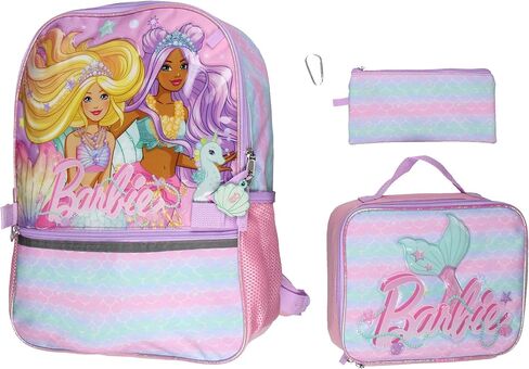 Barbie Mermaids 5-Piece 16" Girls Backpack School Lunch Bag Set with Gadget Case Carabiner and Rubber Zipper Dangle in Saudi Arabia