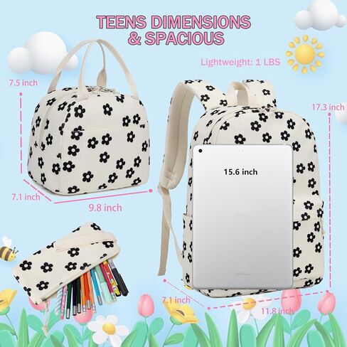 School Backpack for Girls Cherry Bookbag with Lunch Box Set Age 8-14 Teens Backpack Elementary Middle School Corduroy Coquette Mochilas Para Niñas (Cherry Beige) in Kuwait