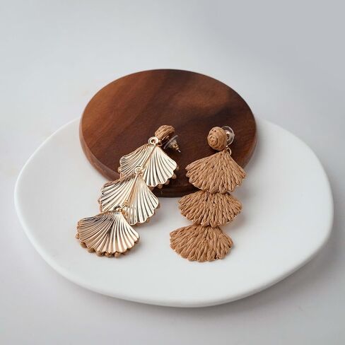 أقراط Raffia Dangle للنساء - بيان Boho Rattan Drop Jewelry مع تصميم Shell ، وملحقات شاطئ الصيف خفيفة الوزن الشاطئ in Kuwait