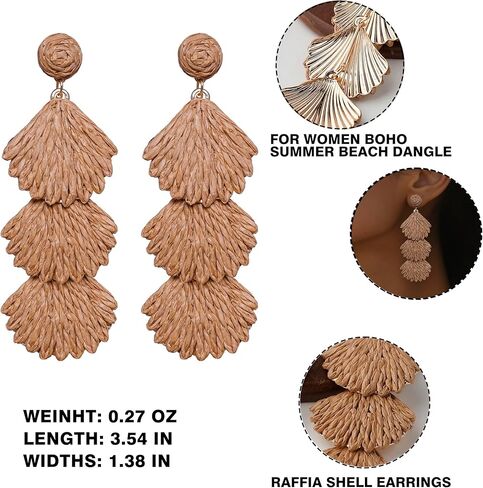 أقراط Raffia Dangle للنساء - بيان Boho Rattan Drop Jewelry مع تصميم Shell ، وملحقات شاطئ الصيف خفيفة الوزن الشاطئ in Kuwait